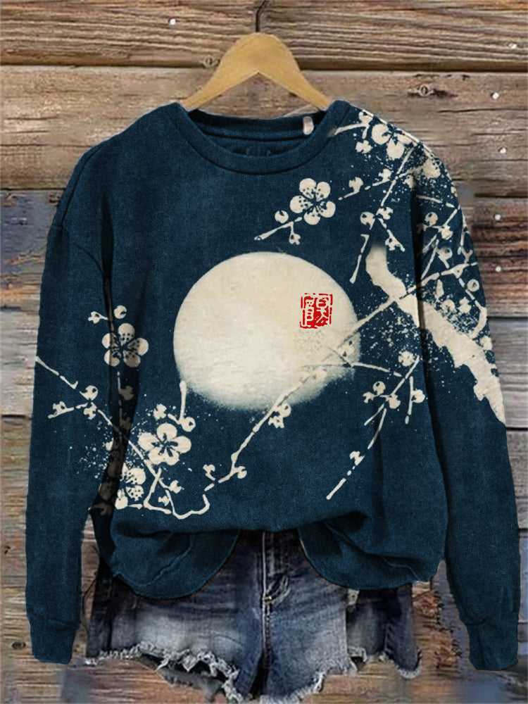 Plum Blossom & Moon Japanese Lino Art Vintage Sweatshirt
