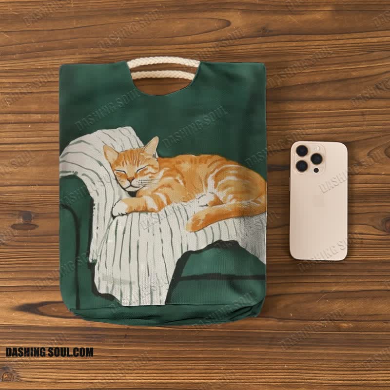 Cute Sleeping Cat Print Woven Handbag