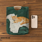 Cute Sleeping Cat Print Woven Handbag