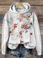 Women's Retro Red Plum Blossom Art Print Hooded Sweatshirt