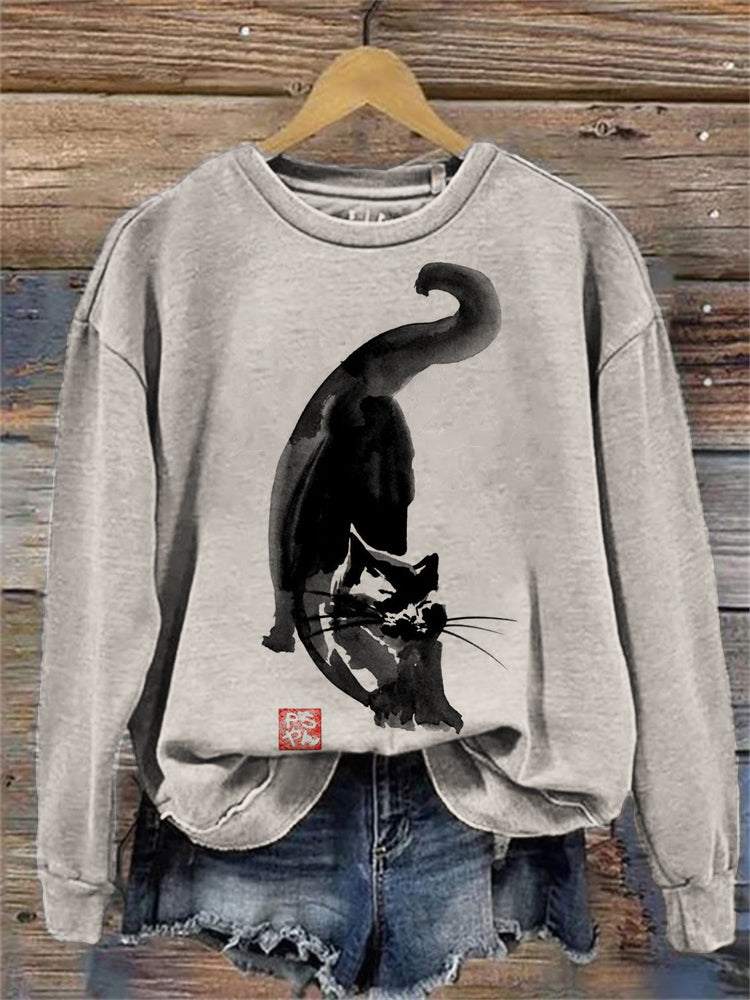 Lovely Black Cat Art Graphic Vintage Cozy Sweatshirt