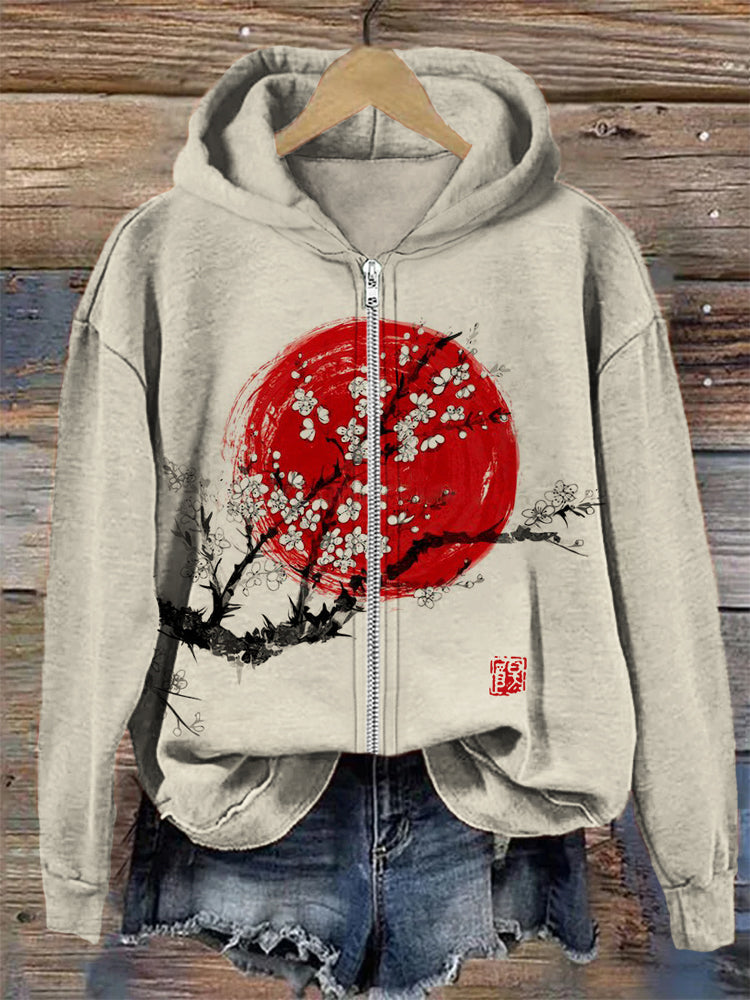 Sunrise Plum Blossom Japanese Art Full Zip Hoodie