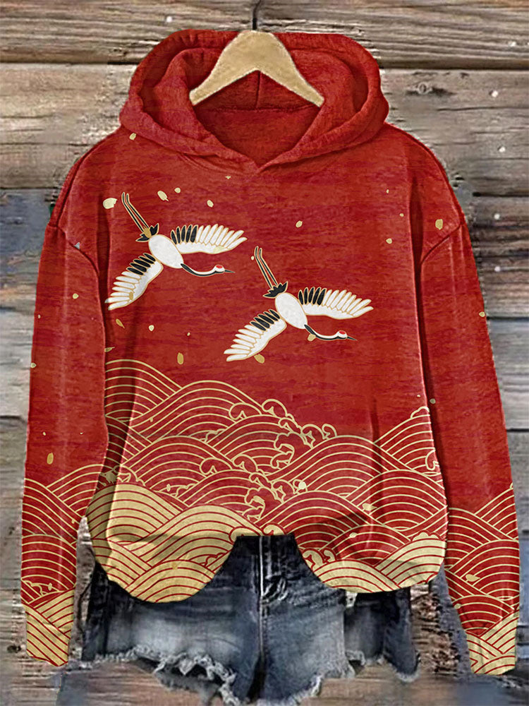 Japanese Art Waves Print Casual Hoodie