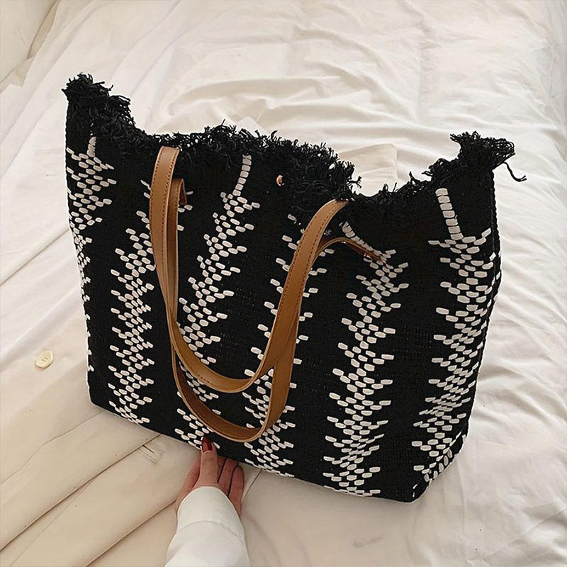 Dashingsoul Beach Vacation Western Fashion Large Capacity Shoulder Stripe Tote Straw Bag