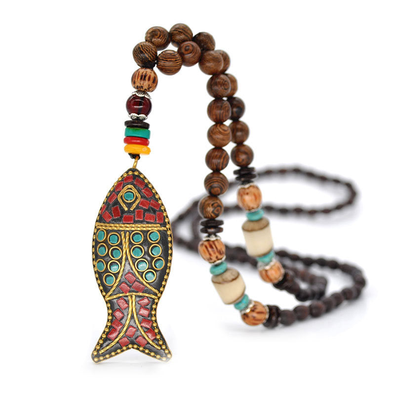 Dashingsoul Vintage Ethnic Style Fish Pendant Long Handmade Beaded Necklace