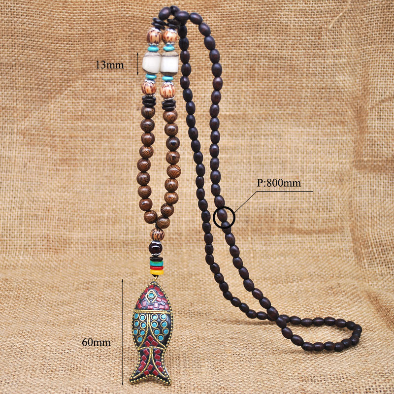 Dashingsoul Vintage Ethnic Style Fish Pendant Long Handmade Beaded Necklace