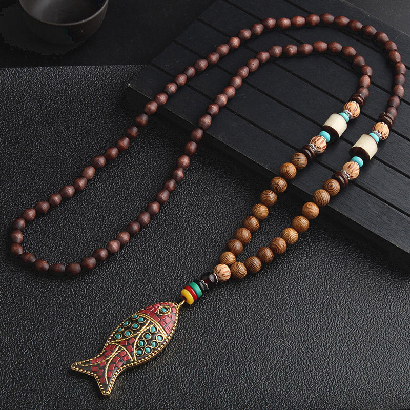 Dashingsoul Vintage Ethnic Style Fish Pendant Long Handmade Beaded Necklace
