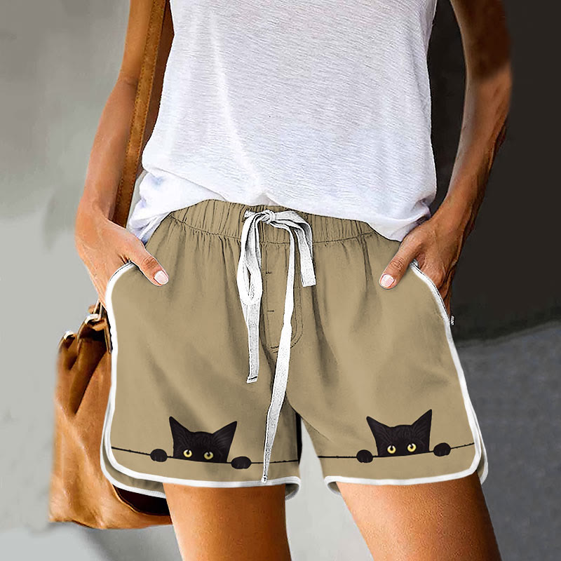 Dashingsoul Casual Black Cat Print Drawstring Pocket Shorts