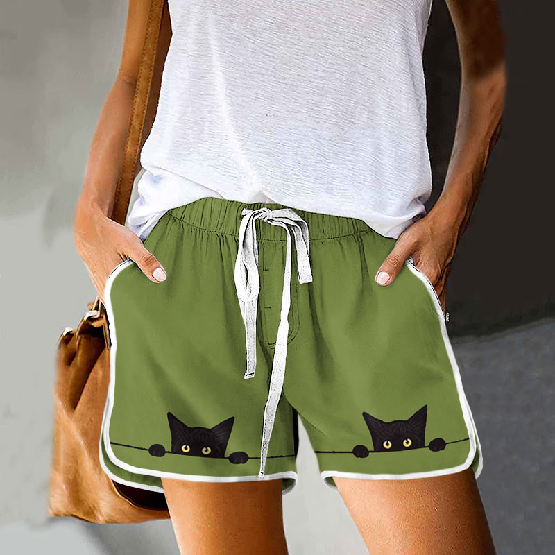 Dashingsoul Casual Black Cat Print Drawstring Pocket Shorts