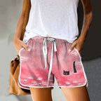 Dashingsoul Women's Oil Painting Cat Print Drawstring Pocket Shorts