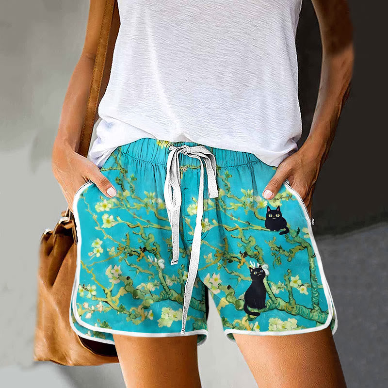 Dashingsoul Van Gogh Almond Blossoms Cat Art Print Drawstring Pocket Shorts