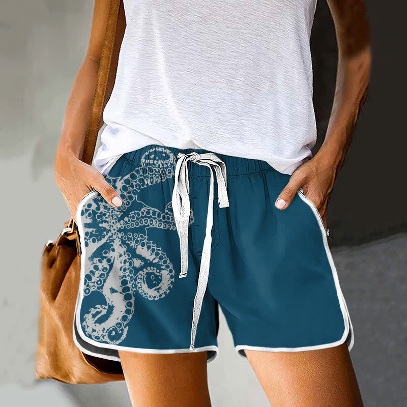 Dashingsoul Octopus Asymmetric Print Pocket Shorts
