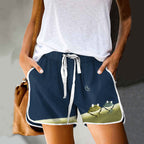 Dashingsoul Simple Frog Color Block Print Drawstring Pocket Shorts