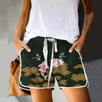 Dashingsoul Japanese Style Koi Fish Dragonfly Wave Art Print Drawstring Pocket Shorts