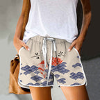 Dashingsoul Japanese Style Koi Fish Dragonfly Wave Art Print Drawstring Pocket Shorts