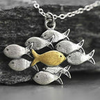 Dashingsoul School Of Fish With One Golden Enameled Fish Swimming Upstream Necklace