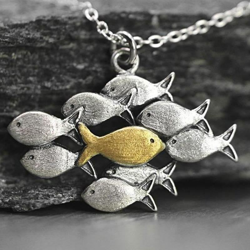 Dashingsoul School Of Fish With One Golden Enameled Fish Swimming Upstream Necklace