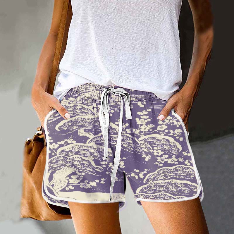 Dashingsoul Women's Japanese Art Plum Blossom Print Drawstring Pocket Shorts