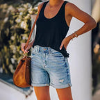 Dashingsoul Casual Ripped Hem High Waist A-line Denim Shorts