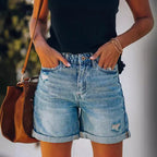 Dashingsoul Casual Ripped Hem High Waist A-line Denim Shorts