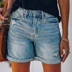 Dashingsoul Casual Ripped Hem High Waist A-line Denim Shorts
