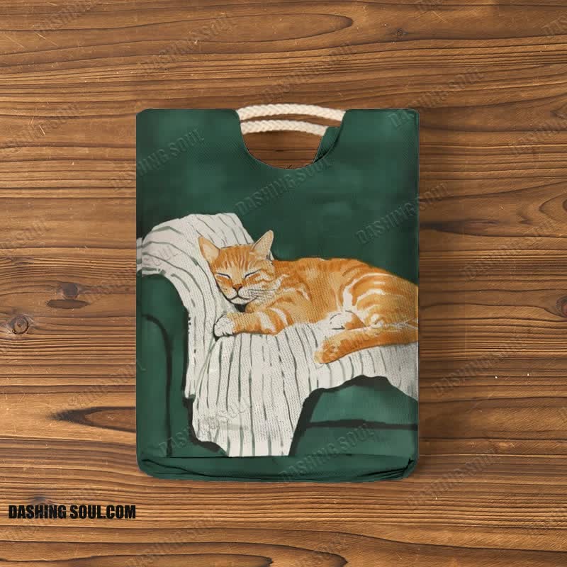 Cute Sleeping Cat Print Woven Handbag