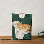 Cute Sleeping Cat Print Woven Handbag