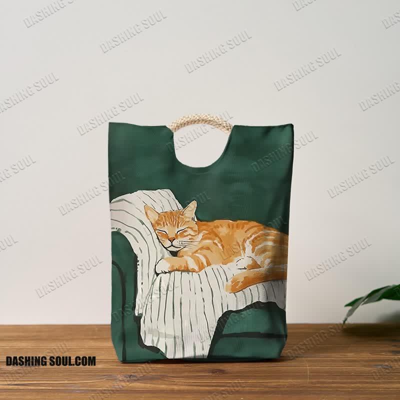 Cute Sleeping Cat Print Woven Handbag