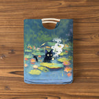 Interesting Cat Drinking Water In Lotus Pond Print Woven Handbag