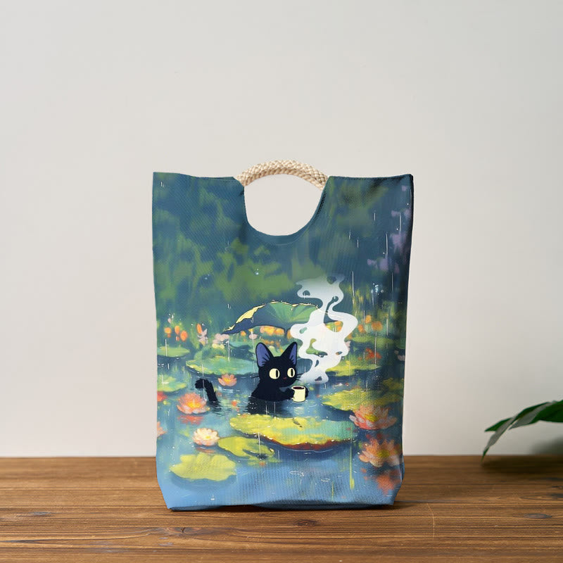 Interesting Cat Drinking Water In Lotus Pond Print Woven Handbag