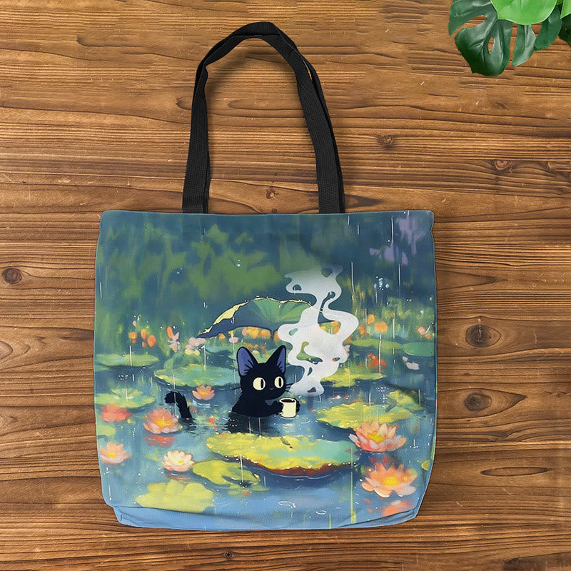 Interesting Cat Drinking Water In Lotus Pond Print Bag
