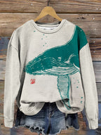 Whale Japanese Lino Art Graphic Crew Neck Comfy Sweatshirt