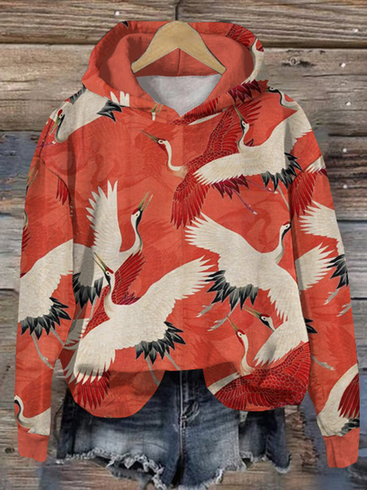 Japanese Art Crane Print Casual Hoodie