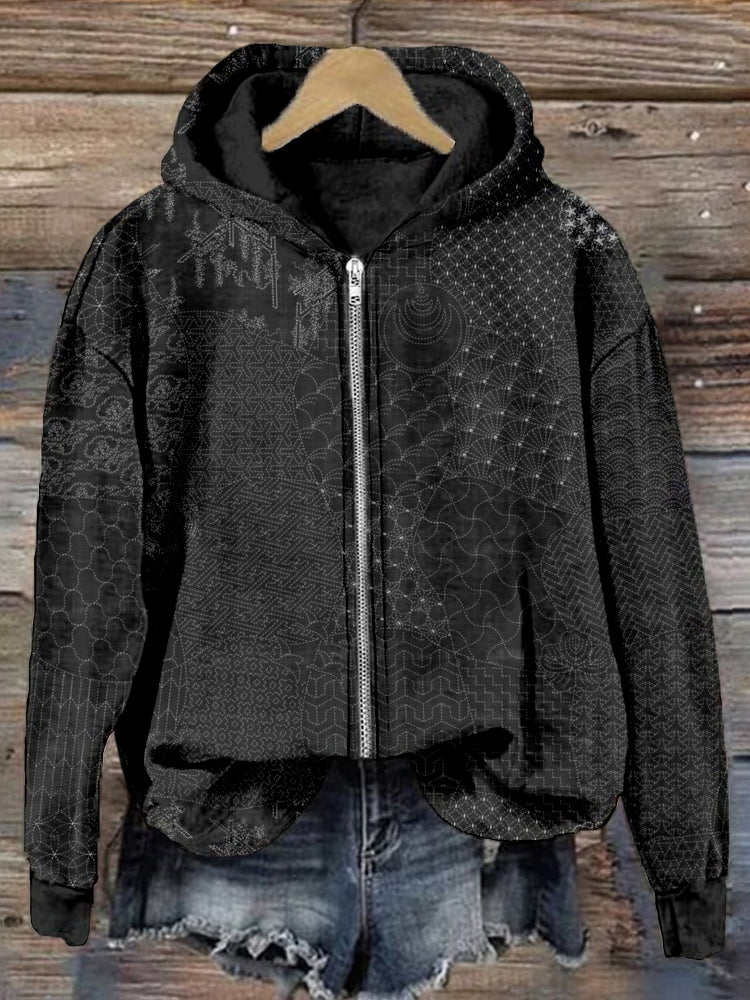 Japanese Traditional Sashiko Art Comfy Zip Up Hoodie