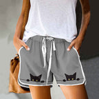 Dashingsoul Casual Black Cat Print Drawstring Pocket Shorts