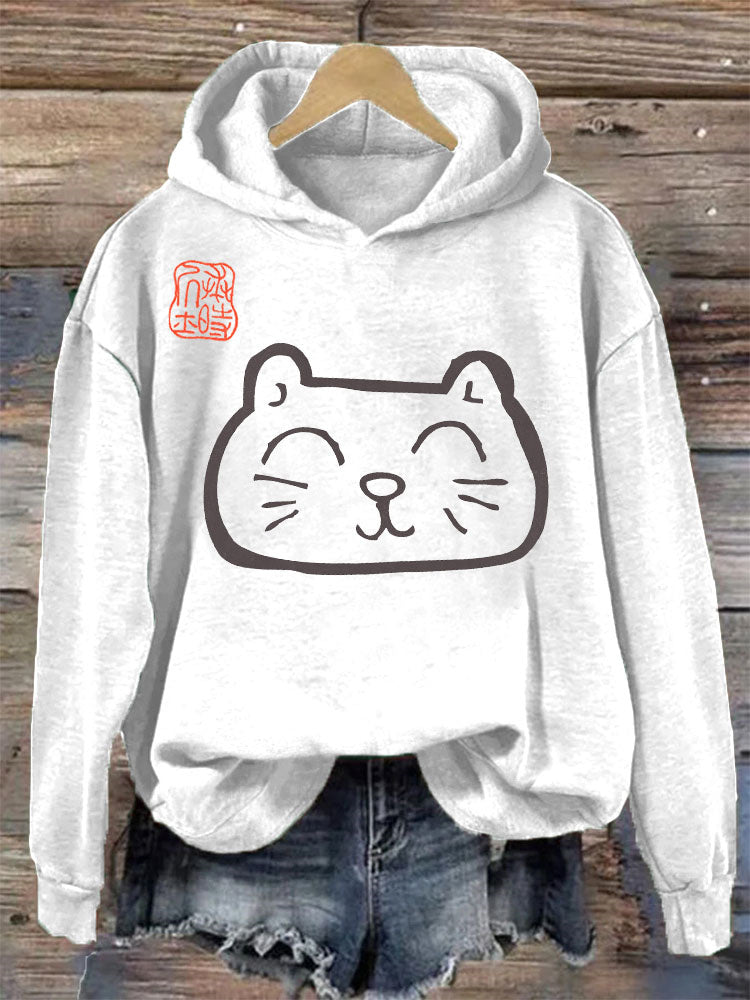 Japanese Art Cat Print Vintage Hoodie