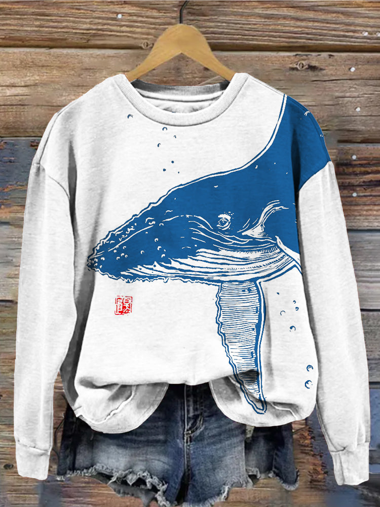 Whale Japanese Lino Art Graphic Crew Neck Comfy Sweatshirt