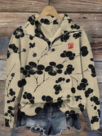 Cherry Blossom Japanese Lino Art Vintage Zip Up Sweatshirt