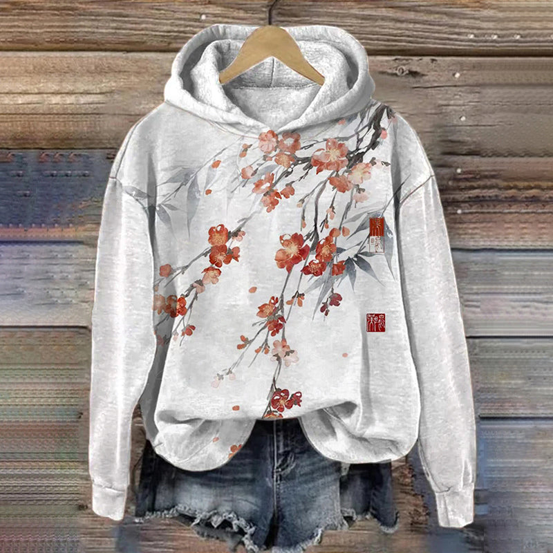 Women's Retro Red Plum Blossom Art Print Hooded Sweatshirt