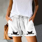 Dashingsoul Casual Black Cat Print Drawstring Pocket Shorts