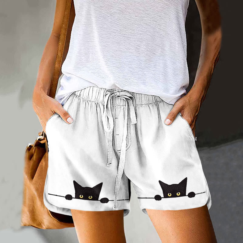 Dashingsoul Casual Black Cat Print Drawstring Pocket Shorts