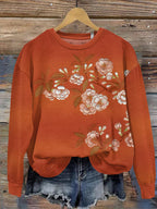 Japanese Art Flower Print Round Neck Long Sleeve Sweatshirt