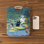 Interesting Cat Drinking Water In Lotus Pond Print Woven Handbag