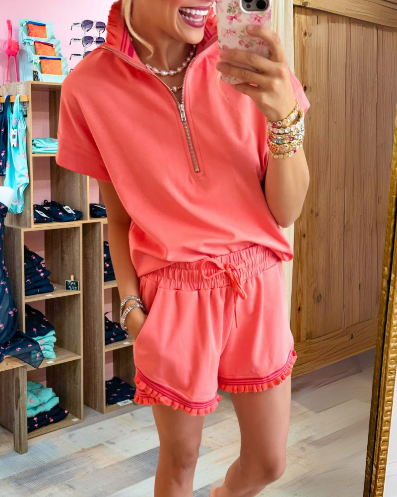 Simple Half Zip Shorts Set