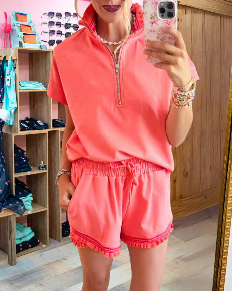 Simple Half Zip Shorts Set