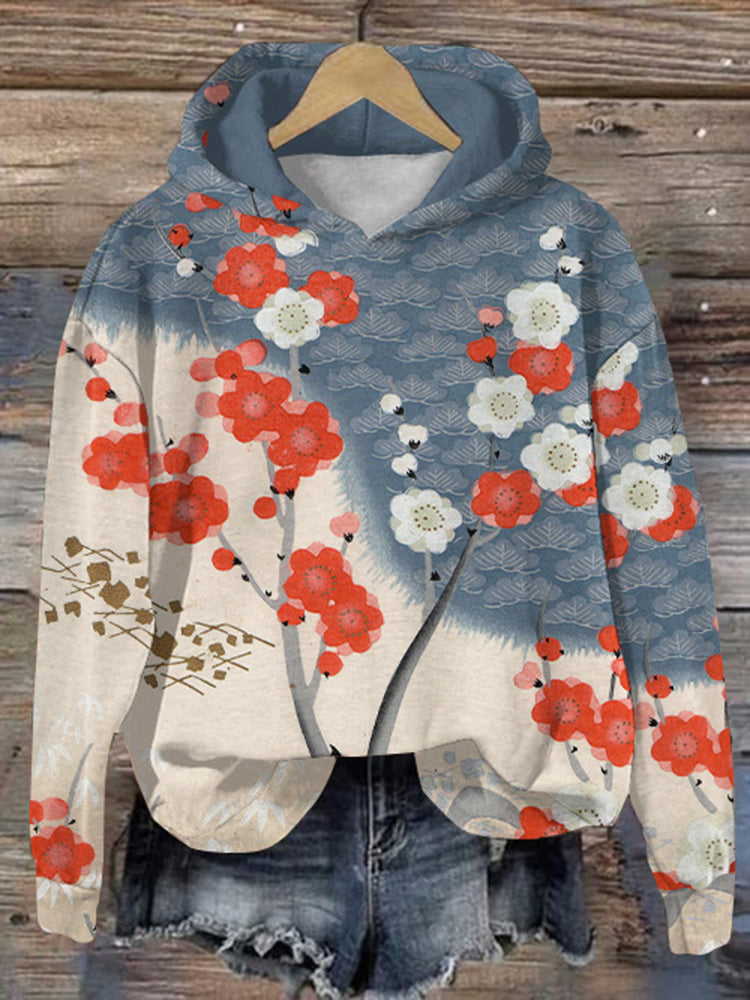 Japanese Art Sakura Print Long Sleeve Casual Hoodie