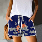 Dashingsoul Japanese Style Koi Fish Dragonfly Wave Art Print Drawstring Pocket Shorts