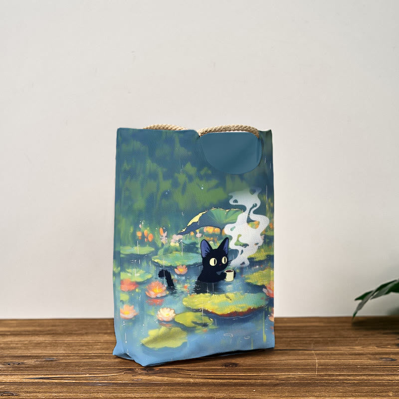 Interesting Cat Drinking Water In Lotus Pond Print Woven Handbag