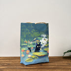 Interesting Cat Drinking Water In Lotus Pond Print Woven Handbag