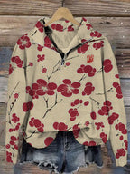 Cherry Blossom Japanese Lino Art Vintage Zip Up Sweatshirt